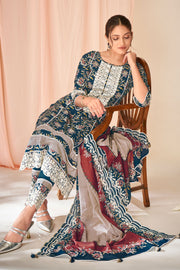 Teal Color Pure Cotton Block Print With Embroidery Work Dress